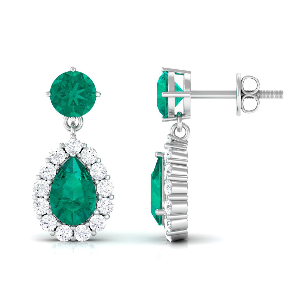 Emerald Teardrop Earrings – Pear Shape Emerald with Diamond Halo | Secure Screw Back