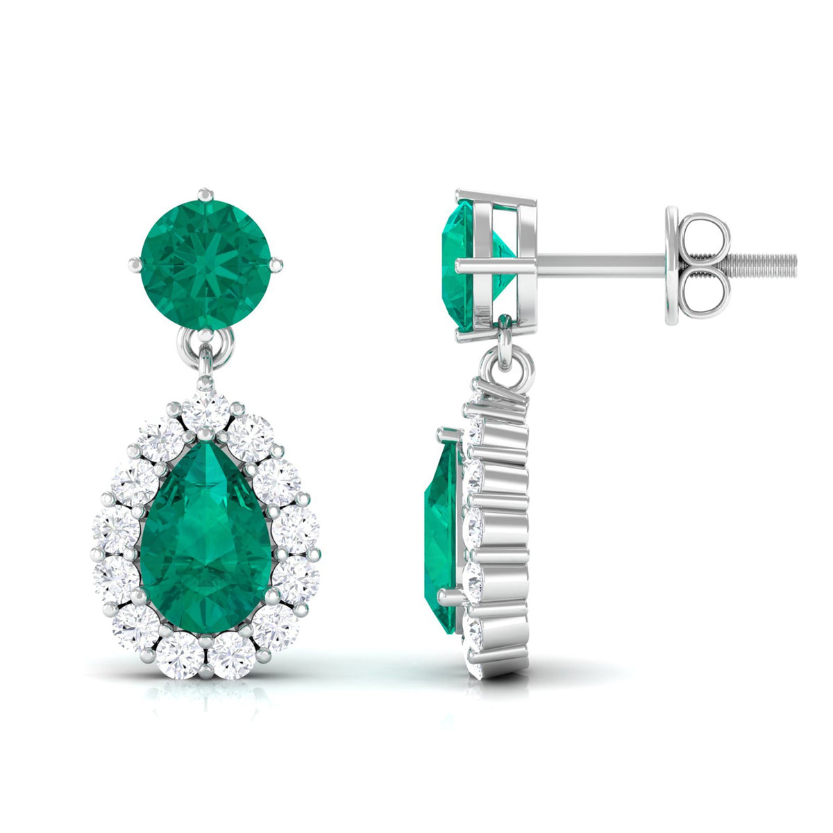 Emerald Teardrop Earrings – Pear Shape Emerald with Diamond Halo | Secure Screw Back