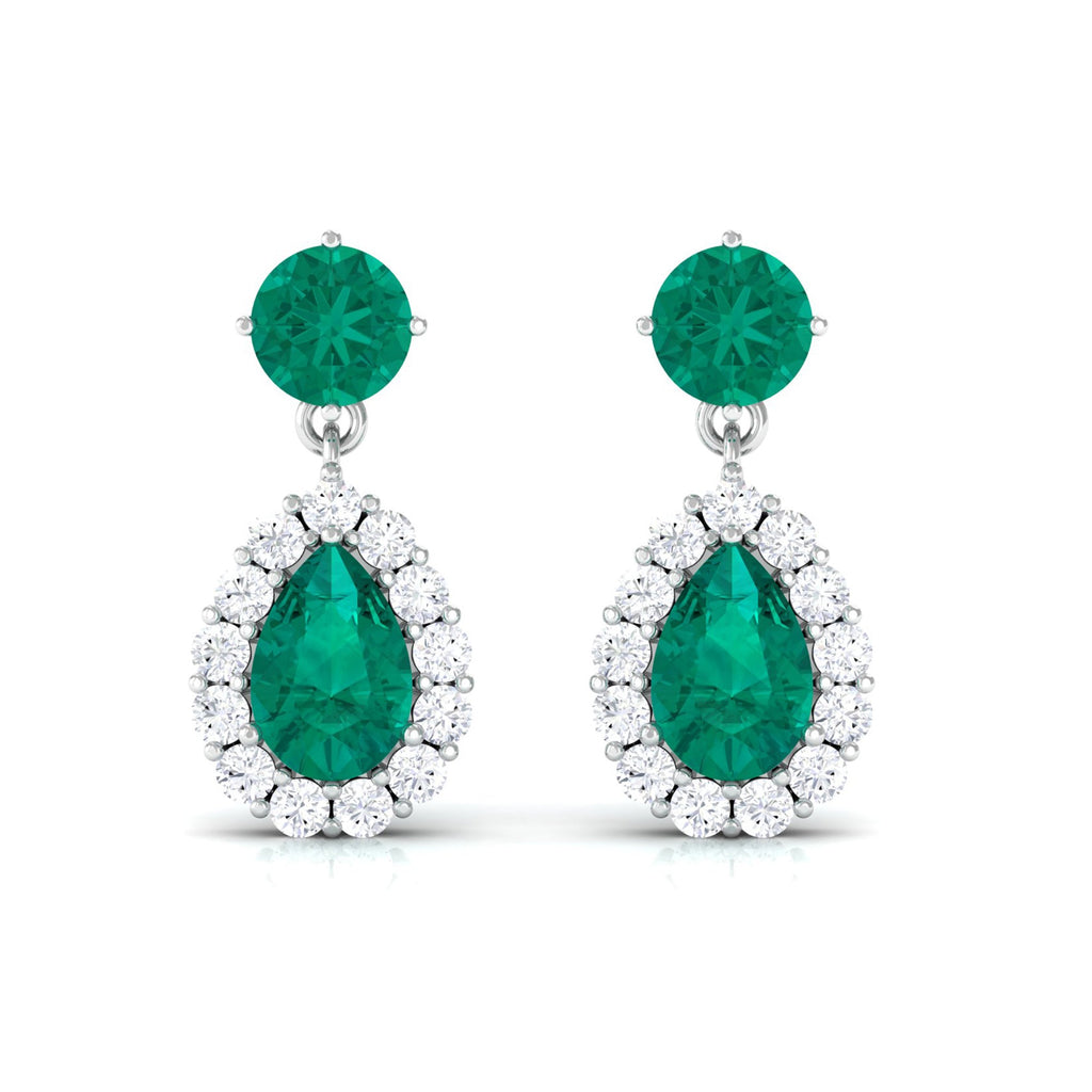 Emerald Teardrop Earrings – Pear Shape Emerald with Diamond Halo | Secure Screw Back