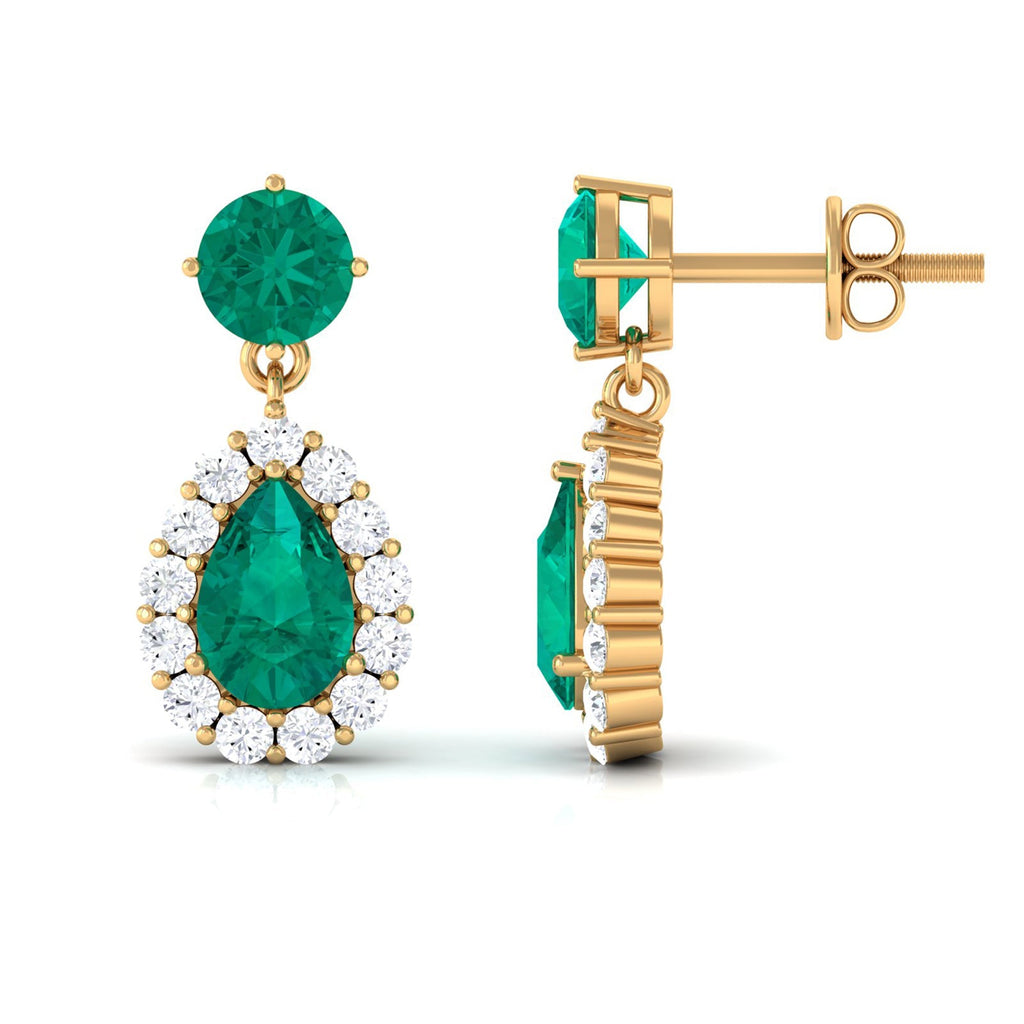 Emerald Teardrop Earrings – Pear Shape Emerald with Diamond Halo | Secure Screw Back