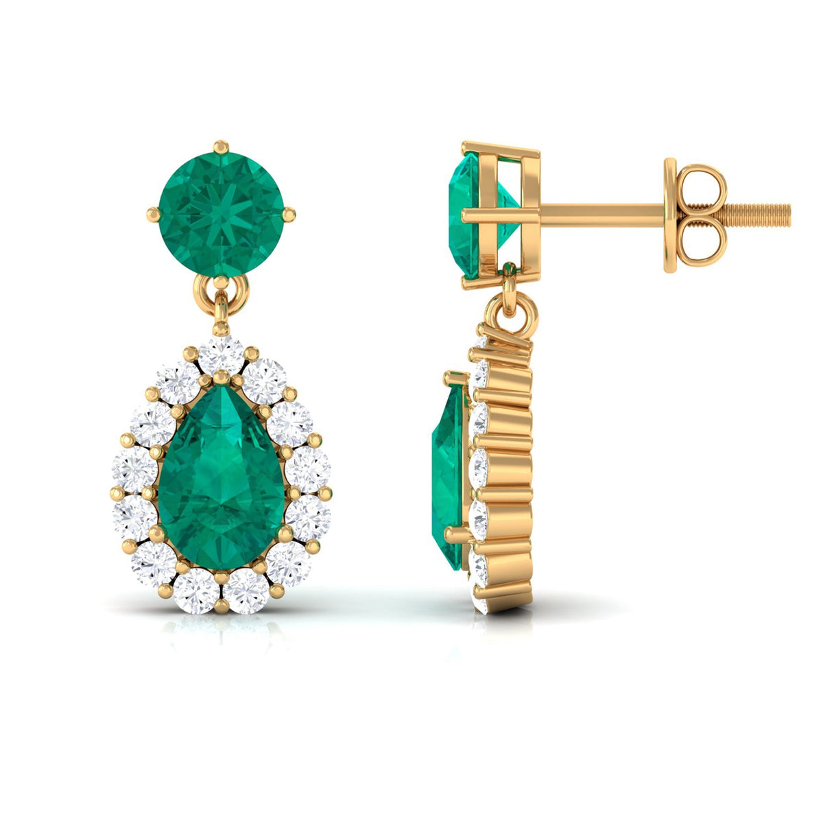 Emerald Teardrop Earrings – Pear Shape Emerald with Diamond Halo | Secure Screw Back