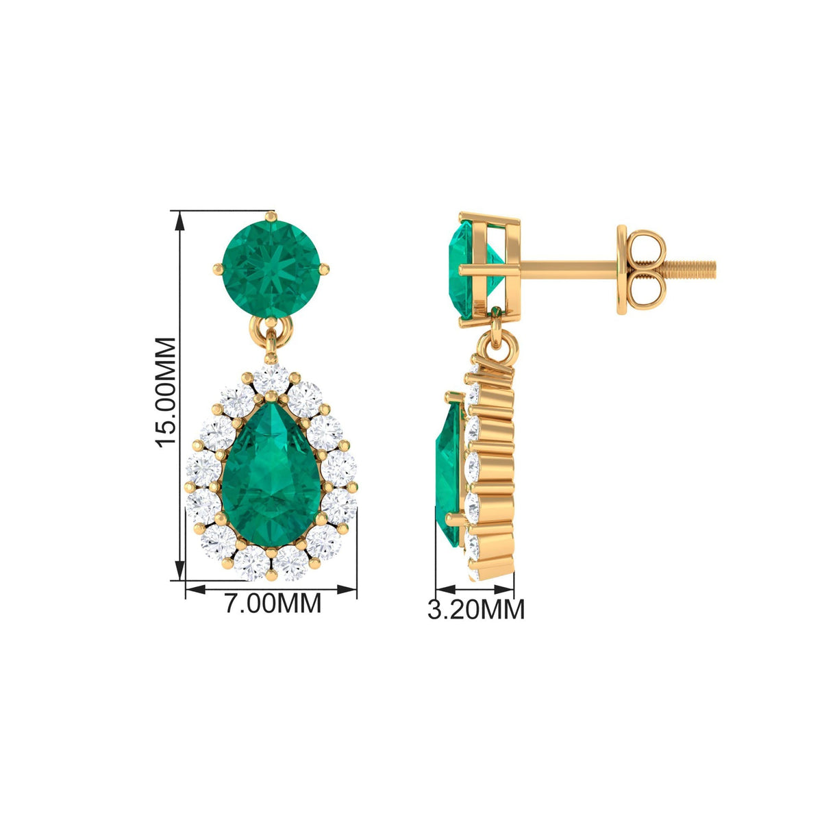 Emerald Teardrop Earrings – Pear Shape Emerald with Diamond Halo | Secure Screw Back