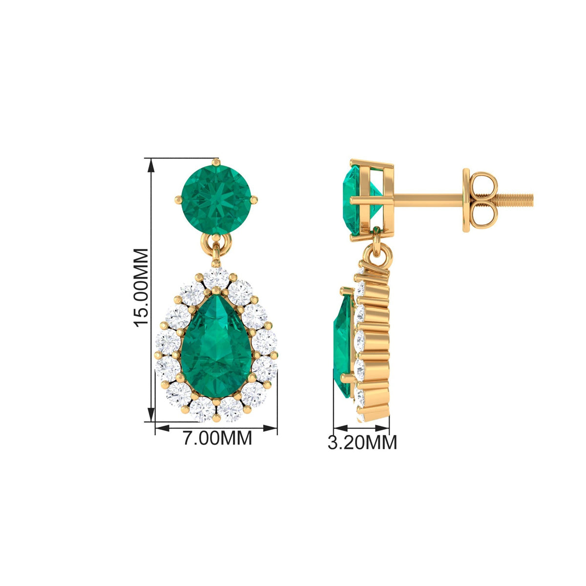 Emerald Teardrop Earrings – Pear Shape Emerald with Diamond Halo | Secure Screw Back