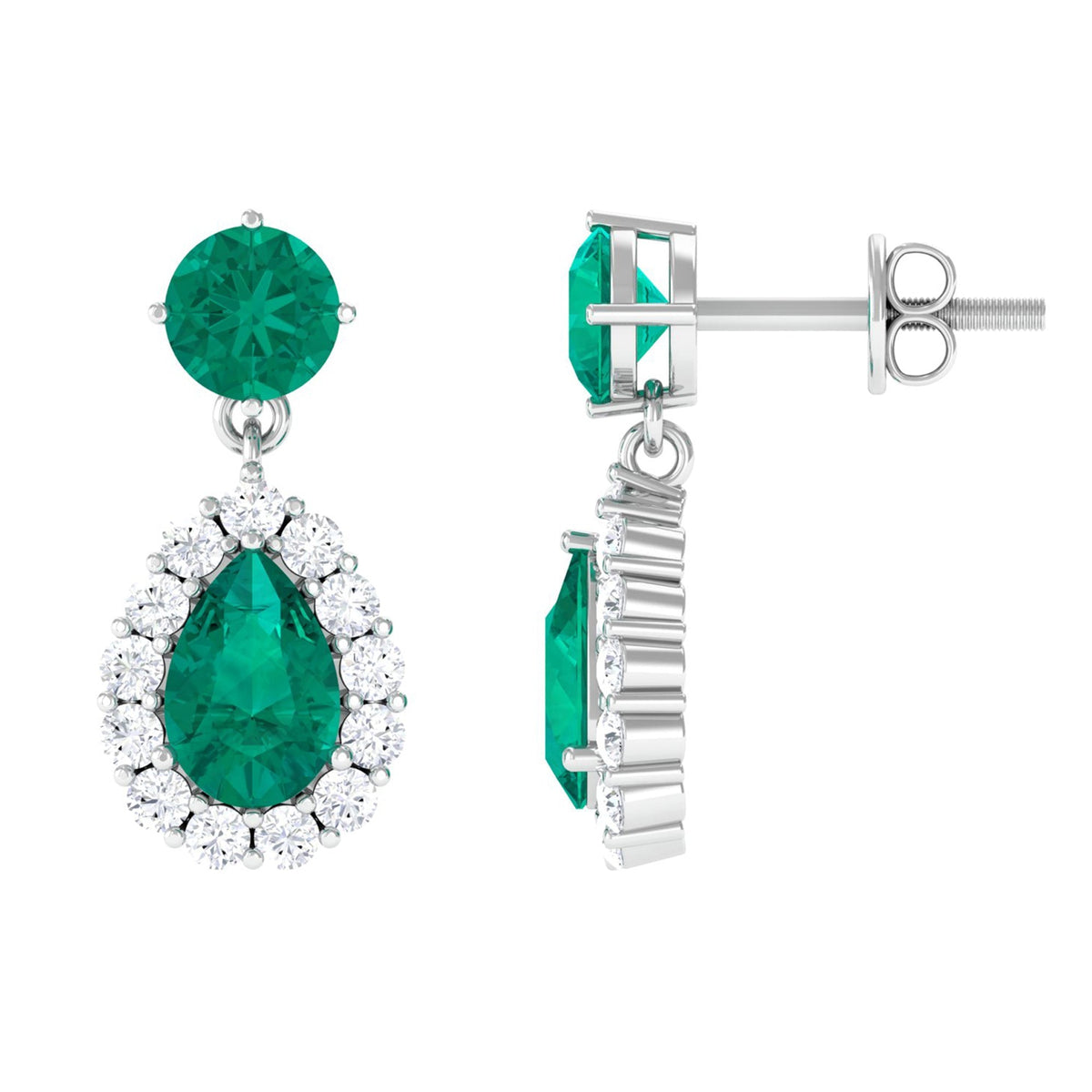Emerald Teardrop Earrings – Pear Shape Emerald with Diamond Halo | Secure Screw Back