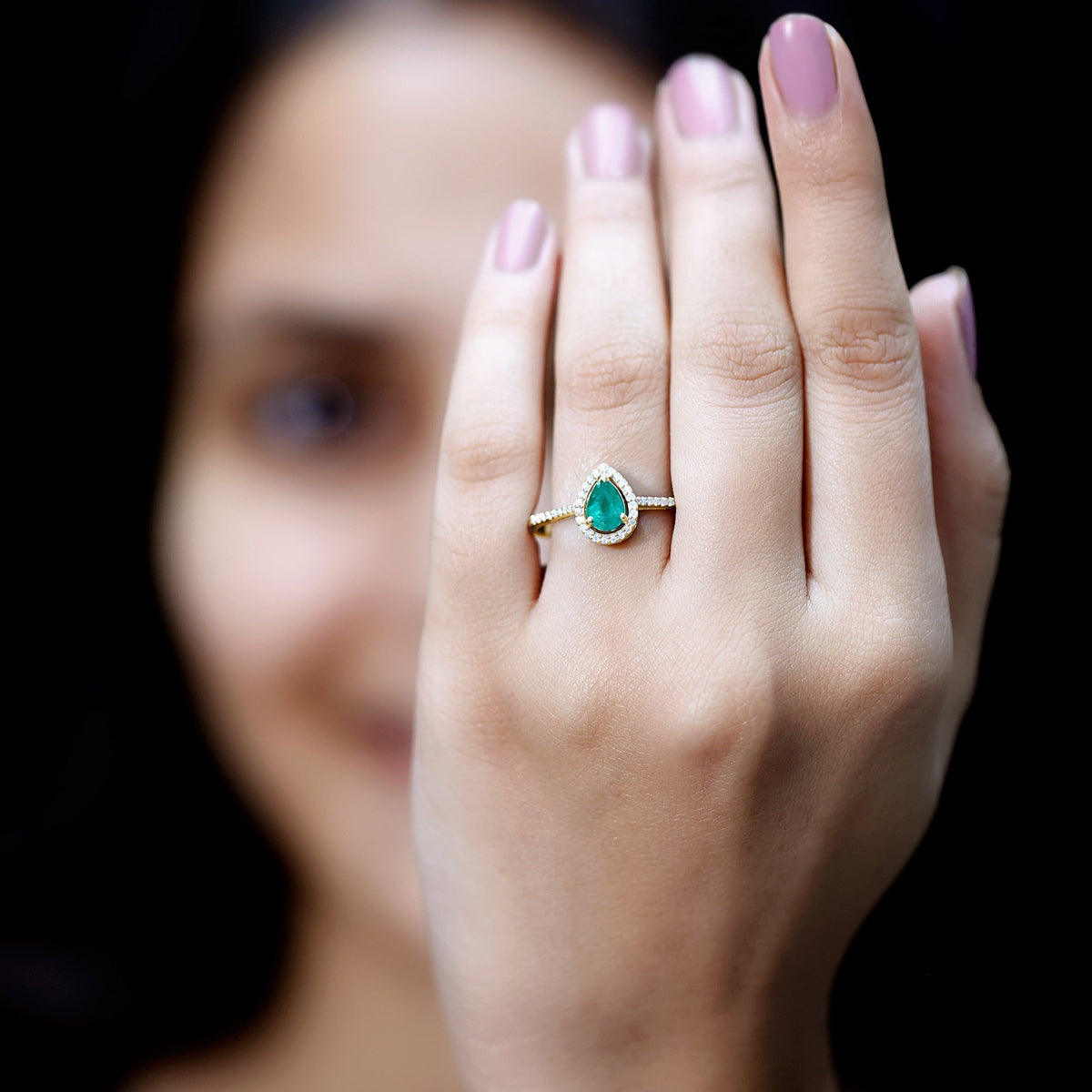 Emerald Teardrop Engagement Ring – Pear Shaped Emerald & Diamond Halo Band