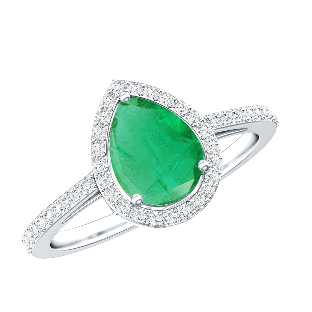 Emerald Teardrop Engagement Ring – Pear Shaped Emerald & Diamond Halo Band
