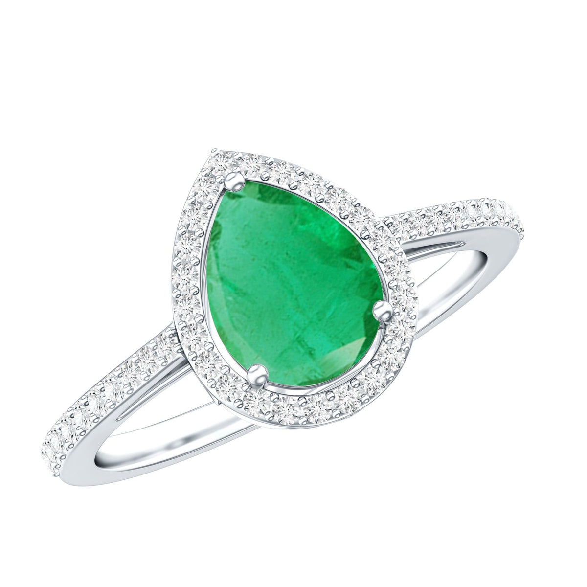 Emerald Teardrop Engagement Ring – Pear Shaped Emerald & Diamond Halo Band