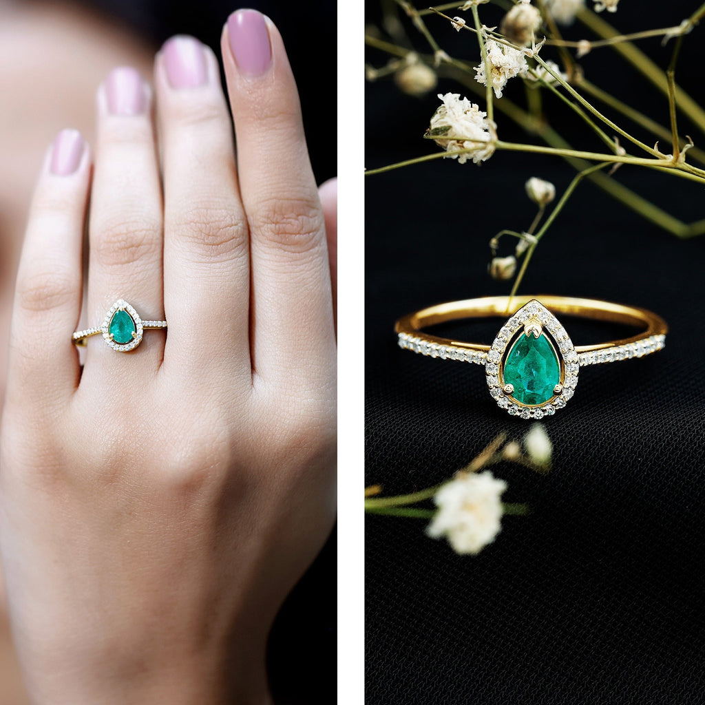 Emerald Teardrop Engagement Ring – Pear Shaped Emerald & Diamond Halo Band