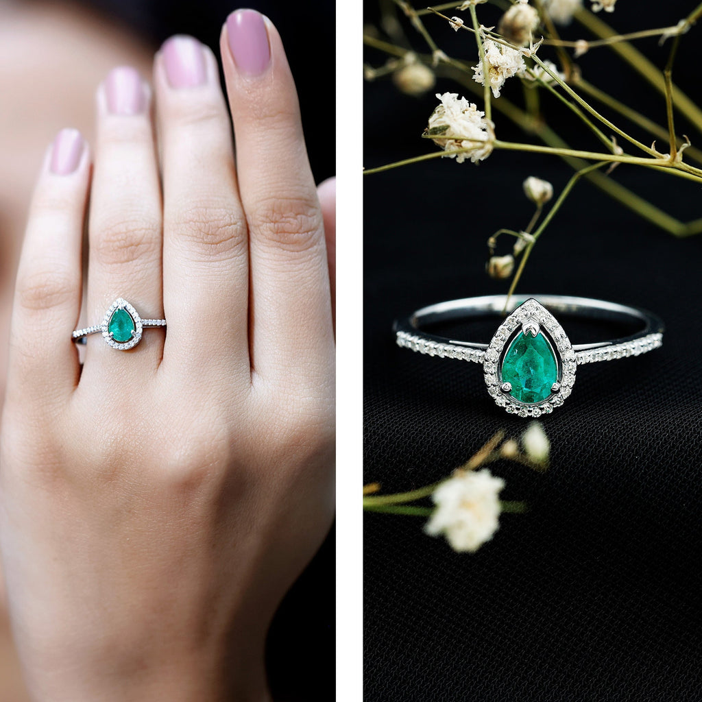 Emerald Teardrop Engagement Ring – Pear Shaped Emerald & Diamond Halo Band