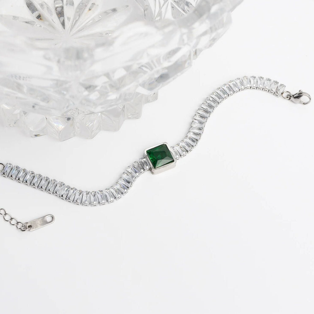 Emerald Tennis Bracelet – 18K Gold PVD Stainless Steel Square Cut Gemstone Chain - Bracelets | Sunflower Soul Boutique