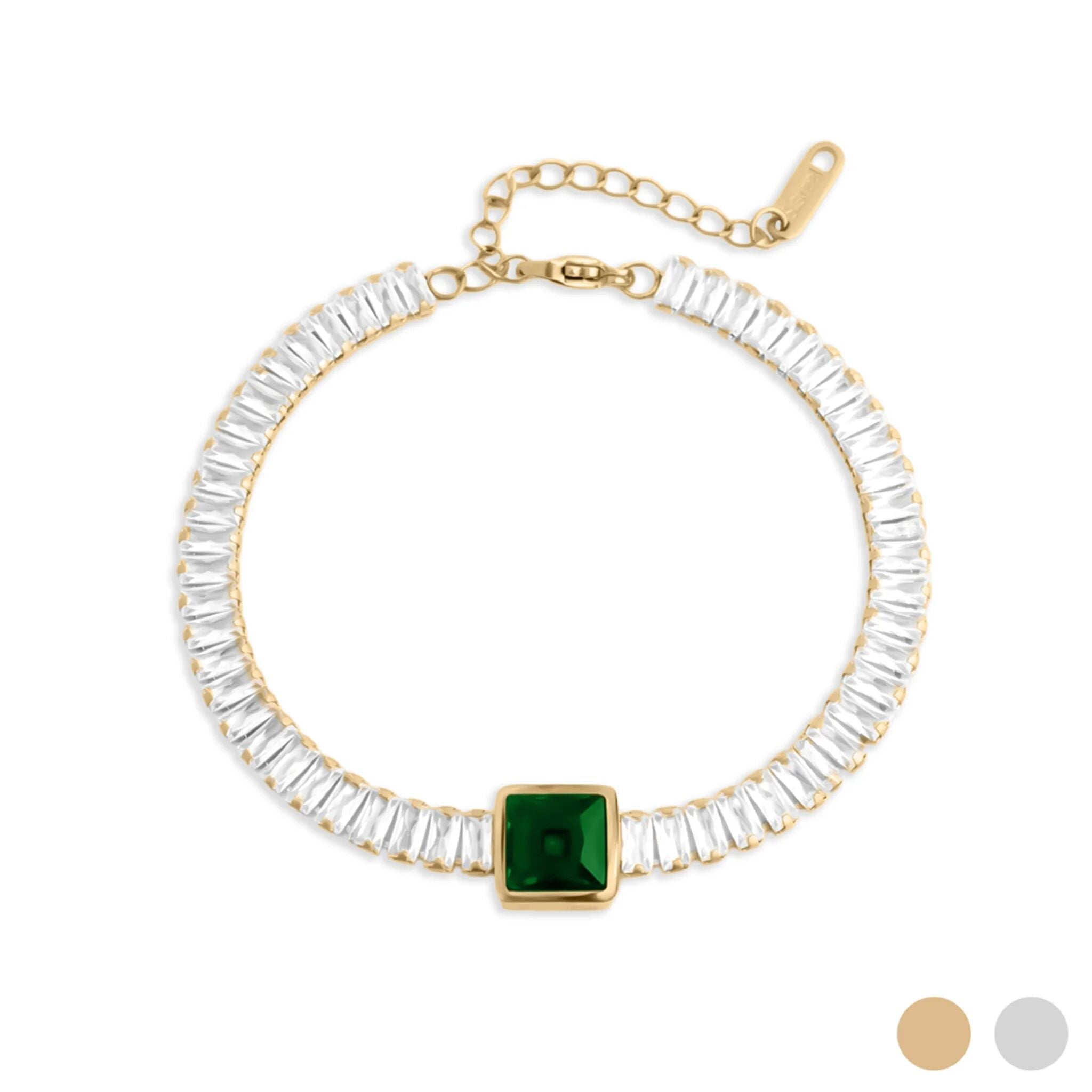 Emerald Tennis Bracelet – 18K Gold PVD Stainless Steel Square Cut Gemstone Chain - Bracelets | Sunflower Soul Boutique