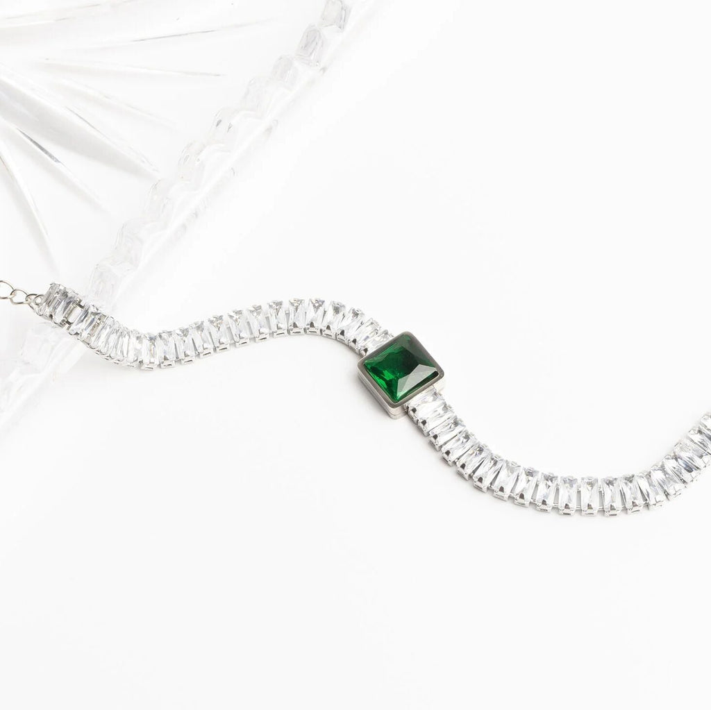 Emerald Tennis Bracelet – 18K Gold PVD Stainless Steel Square Cut Gemstone Chain - Bracelets | Sunflower Soul Boutique