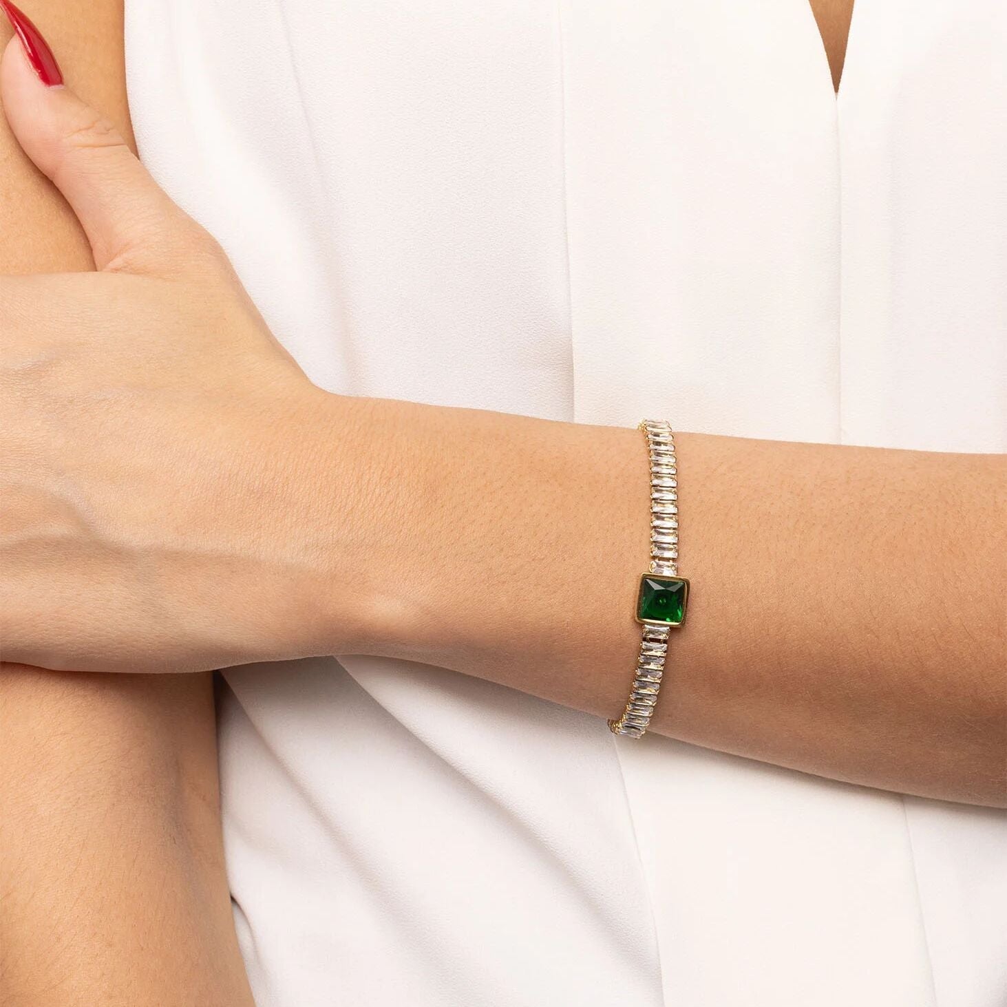 Emerald Tennis Bracelet – 18K Gold PVD Stainless Steel Square Cut Gemstone Chain - Bracelets | Sunflower Soul Boutique