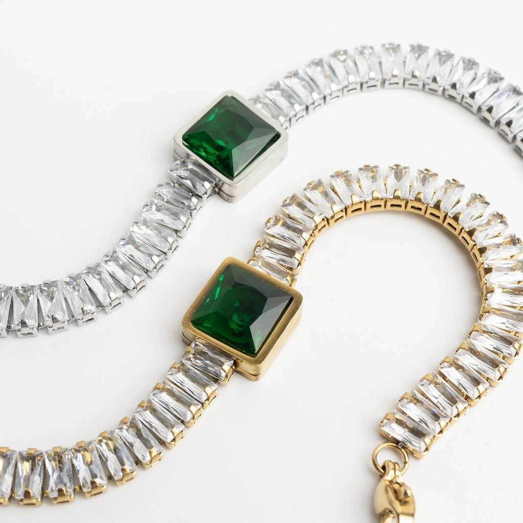 Emerald Tennis Bracelet – 18K Gold PVD Stainless Steel Square Cut Gemstone Chain - Bracelets | Sunflower Soul Boutique