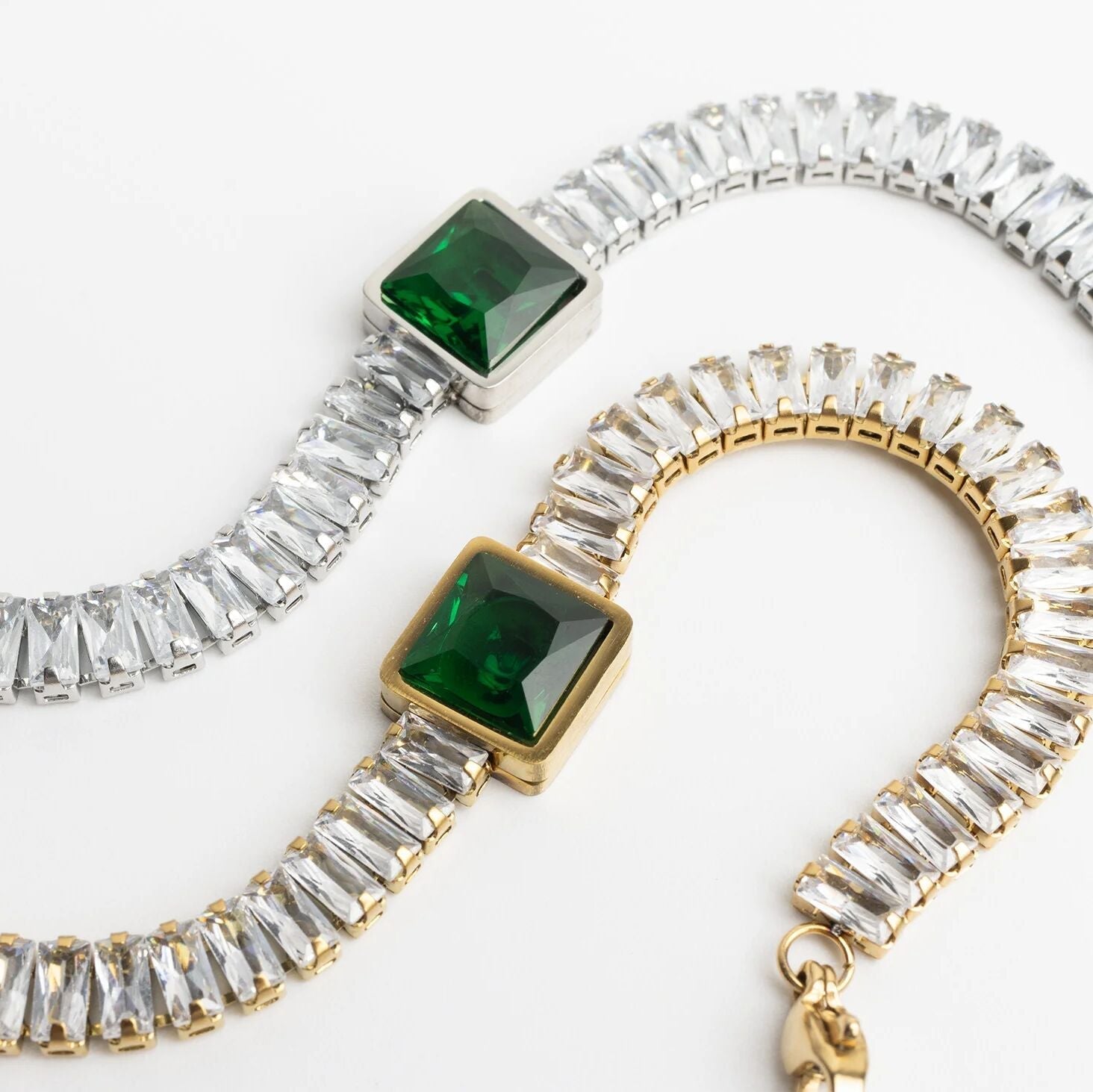 Emerald Tennis Bracelet – 18K Gold PVD Stainless Steel Square Cut Gemstone Chain - Bracelets | Sunflower Soul Boutique