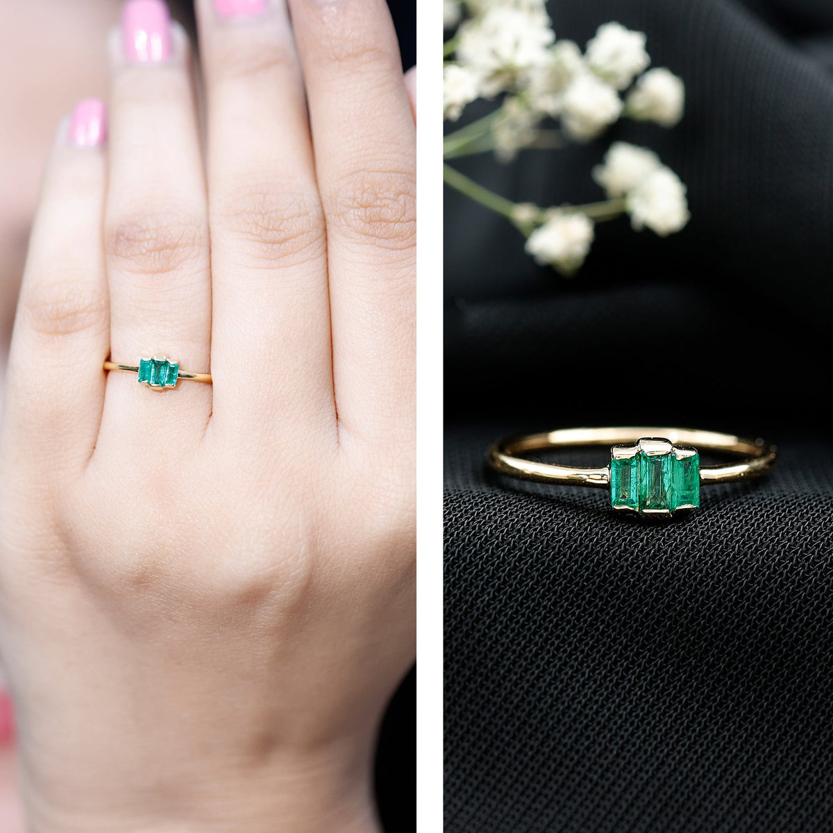 Emerald Three Stone Ring – Natural Baguette Cut Bar Setting, AAA Quality Gemstones