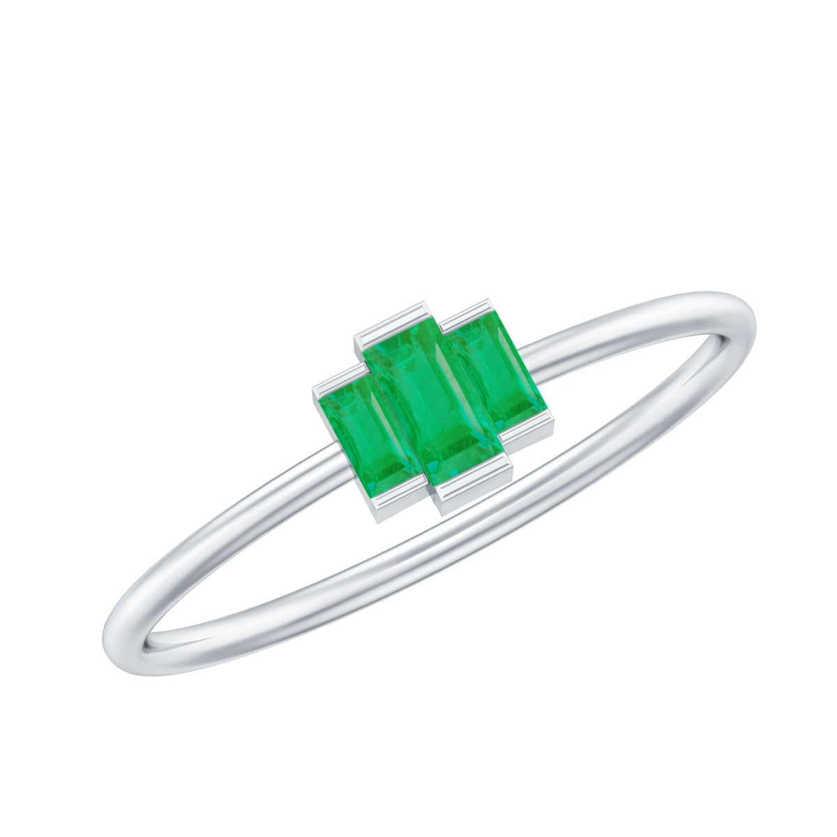 Emerald Three Stone Ring – Natural Baguette Cut Bar Setting, AAA Quality Gemstones