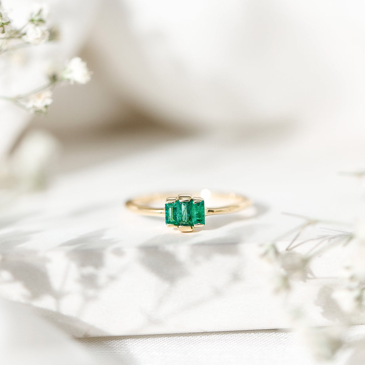 Emerald Three Stone Ring – Natural Baguette Cut Bar Setting, AAA Quality Gemstones