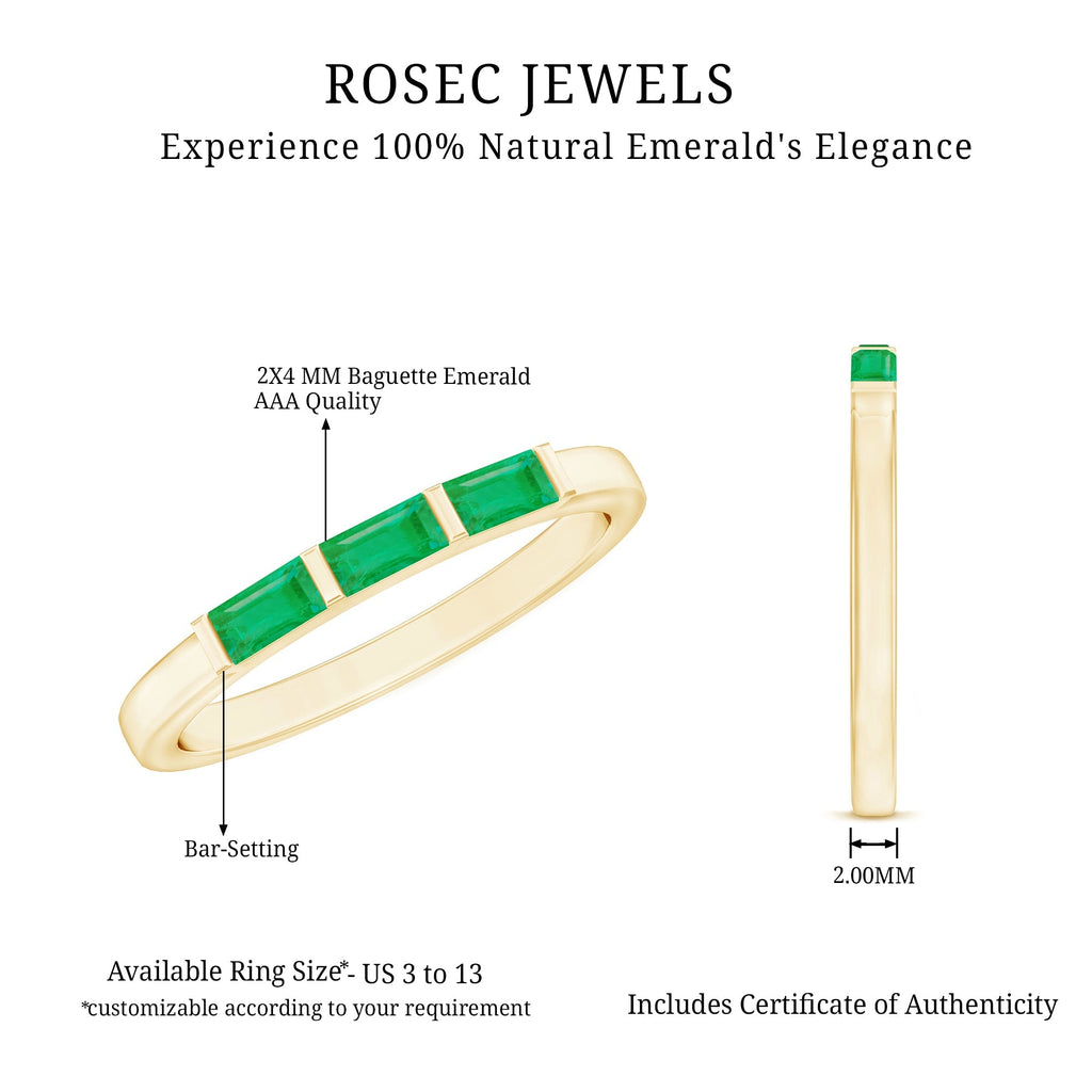 Emerald Three Stone Ring - Real Emerald Baguette Cut Bar Setting With Certificate