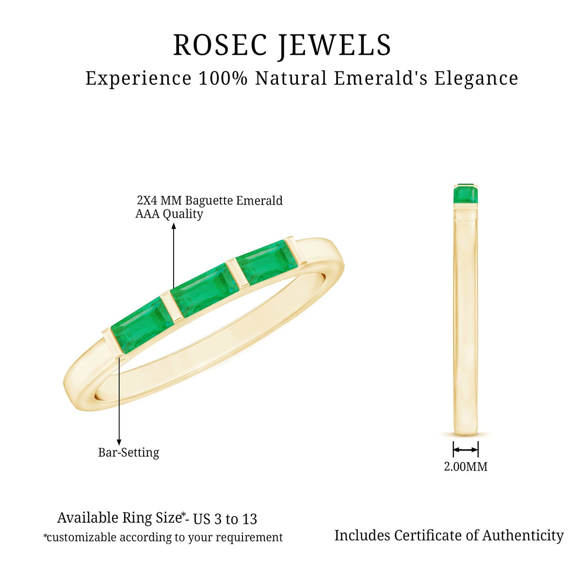 Emerald Three Stone Ring - Real Emerald Baguette Cut Bar Setting With Certificate