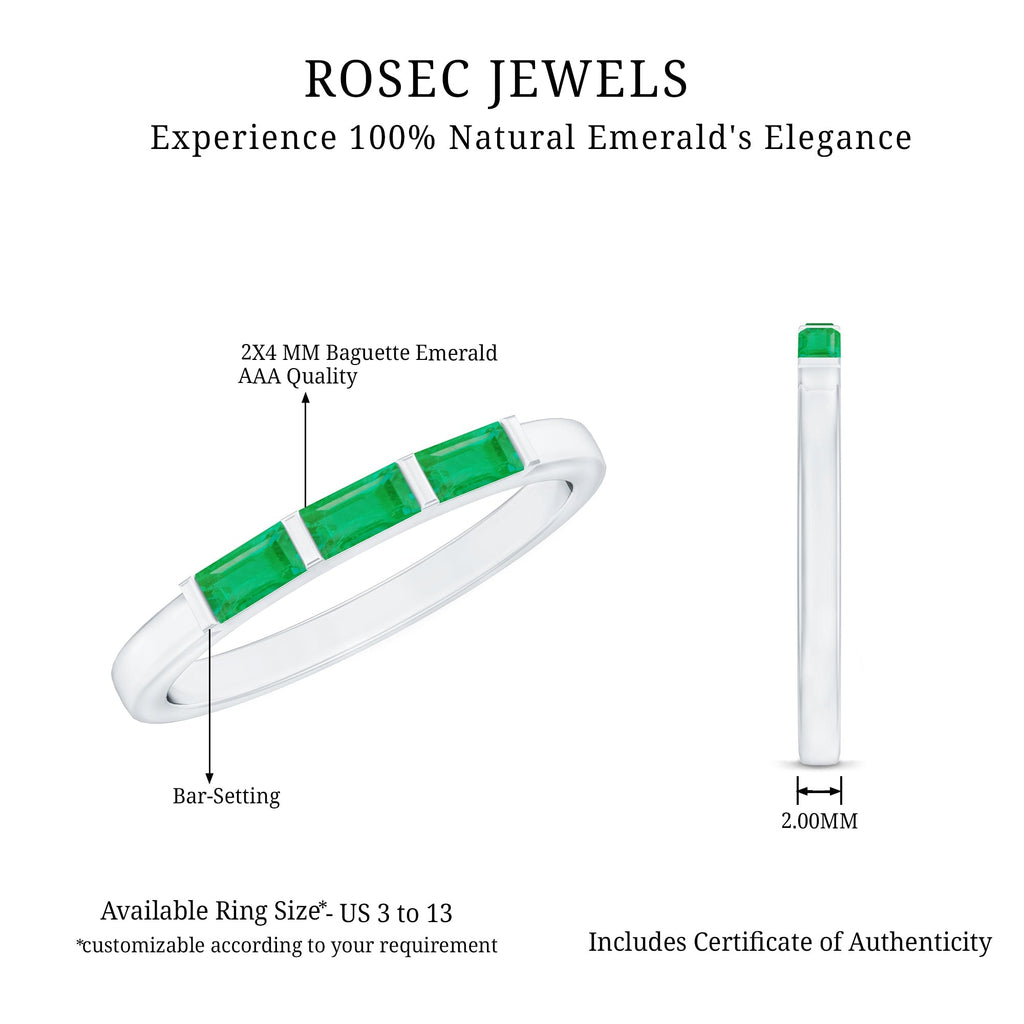 Emerald Three Stone Ring - Real Emerald Baguette Cut Bar Setting With Certificate