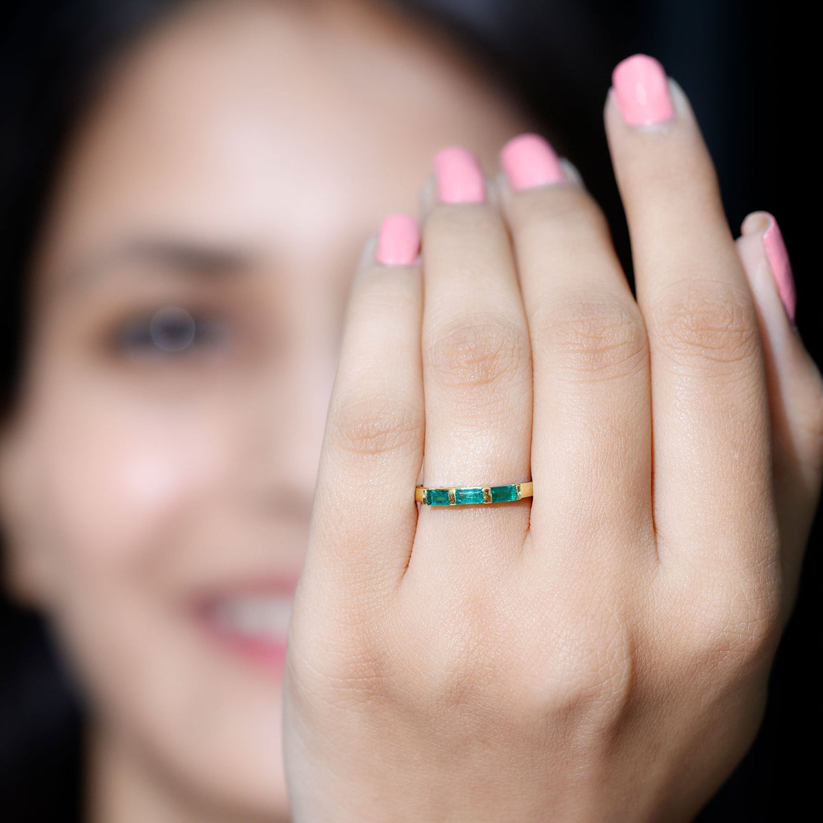 Emerald Three Stone Ring - Real Emerald Baguette Cut Bar Setting With Certificate