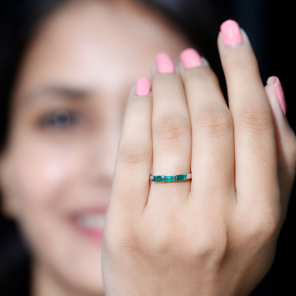 Emerald Three Stone Ring - Real Emerald Baguette Cut Bar Setting With Certificate