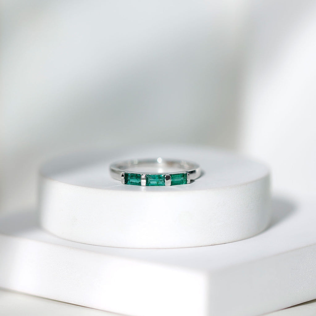 Emerald Three Stone Ring - Real Emerald Baguette Cut Bar Setting With Certificate