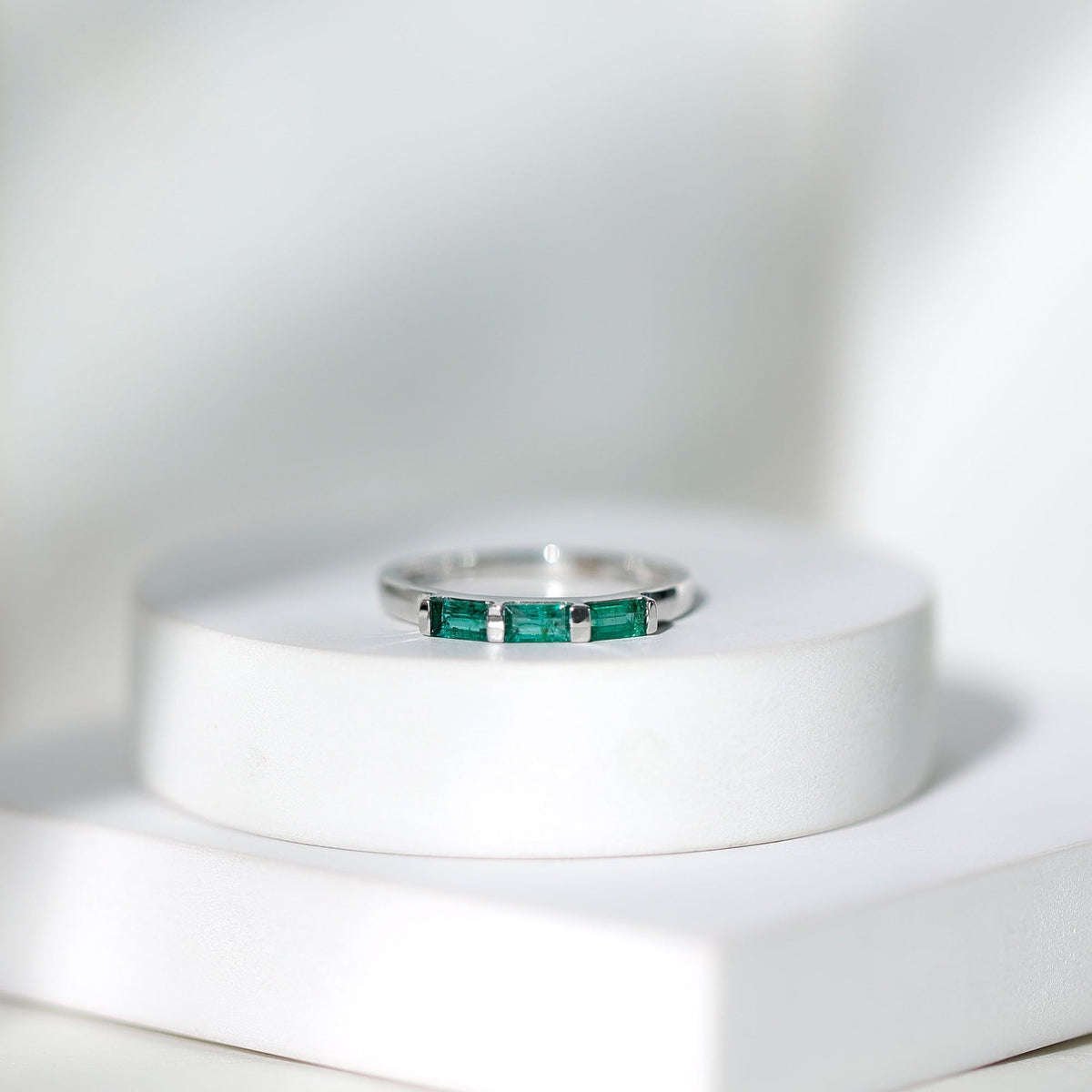 Emerald Three Stone Ring - Real Emerald Baguette Cut Bar Setting With Certificate