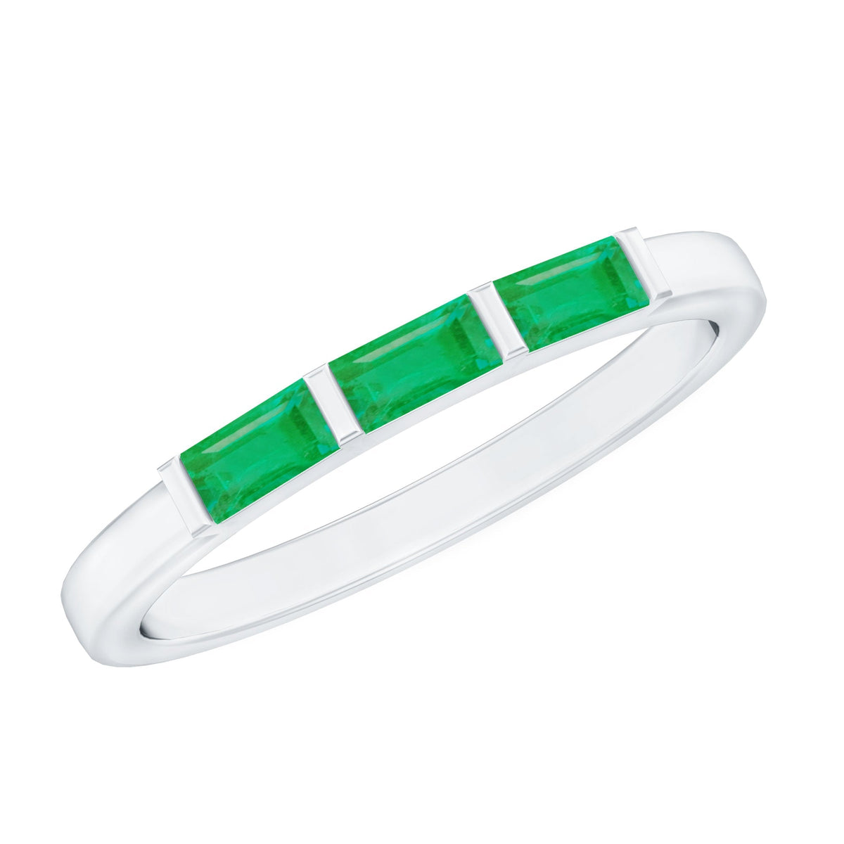 Emerald Three Stone Ring - Real Emerald Baguette Cut Bar Setting With Certificate