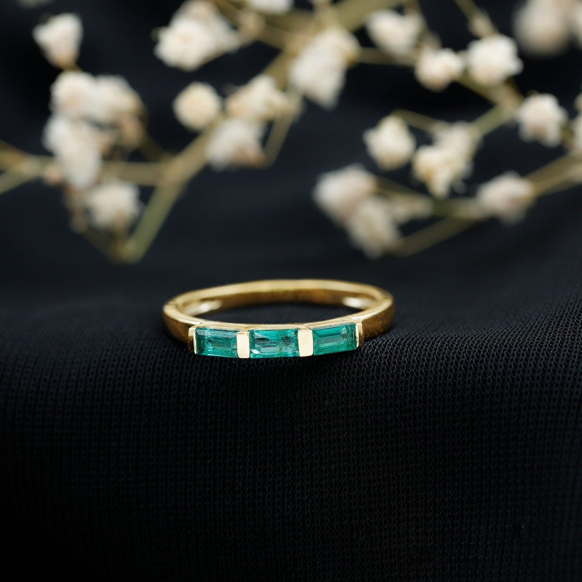 Emerald Three Stone Ring - Real Emerald Baguette Cut Bar Setting With Certificate