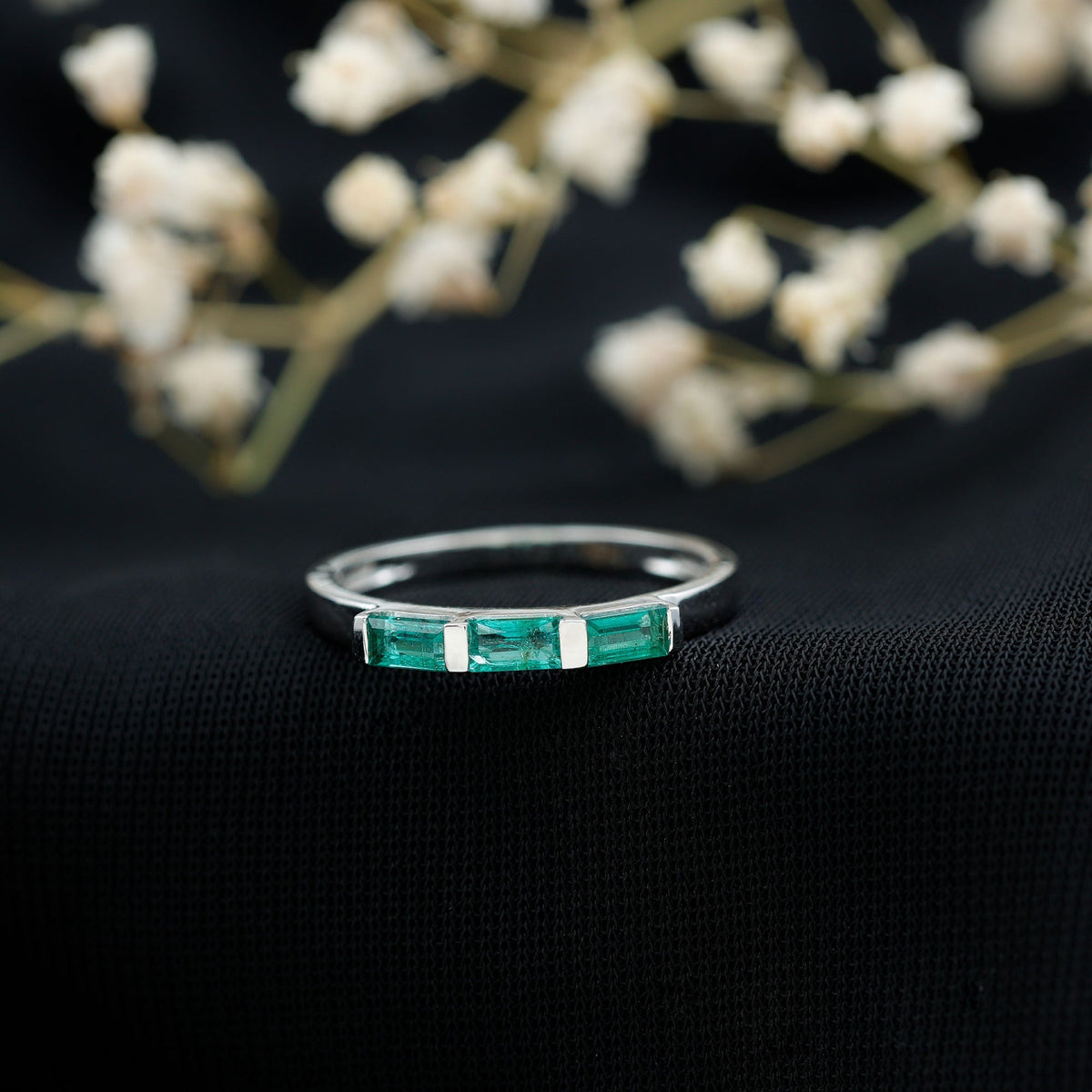 Emerald Three Stone Ring - Real Emerald Baguette Cut Bar Setting With Certificate