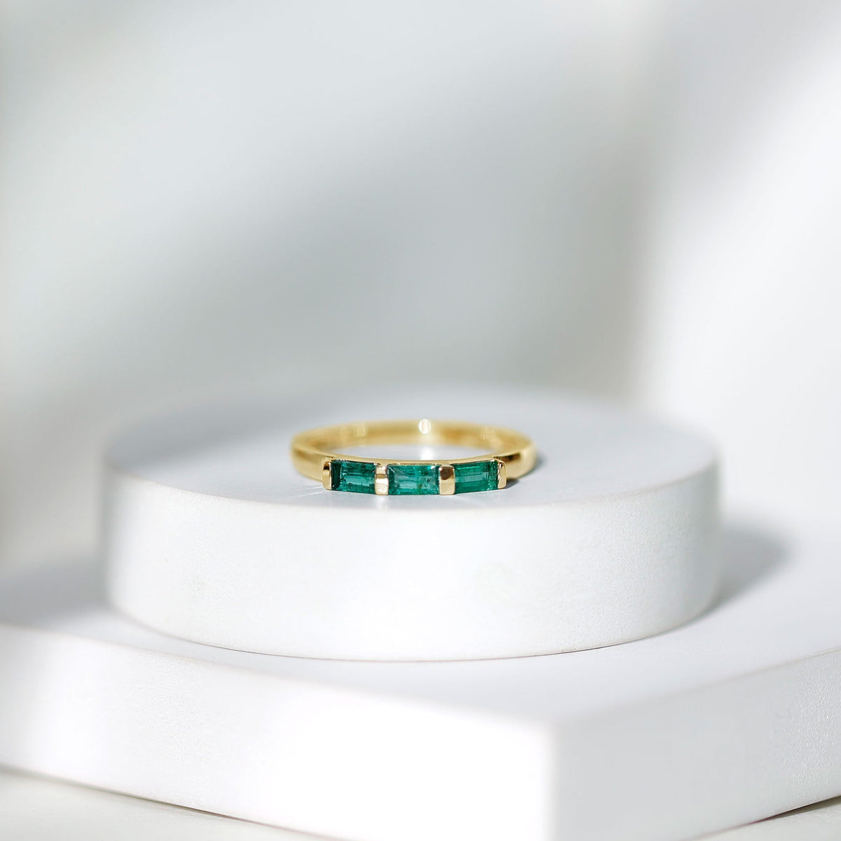Emerald Three Stone Ring - Real Emerald Baguette Cut Bar Setting With Certificate