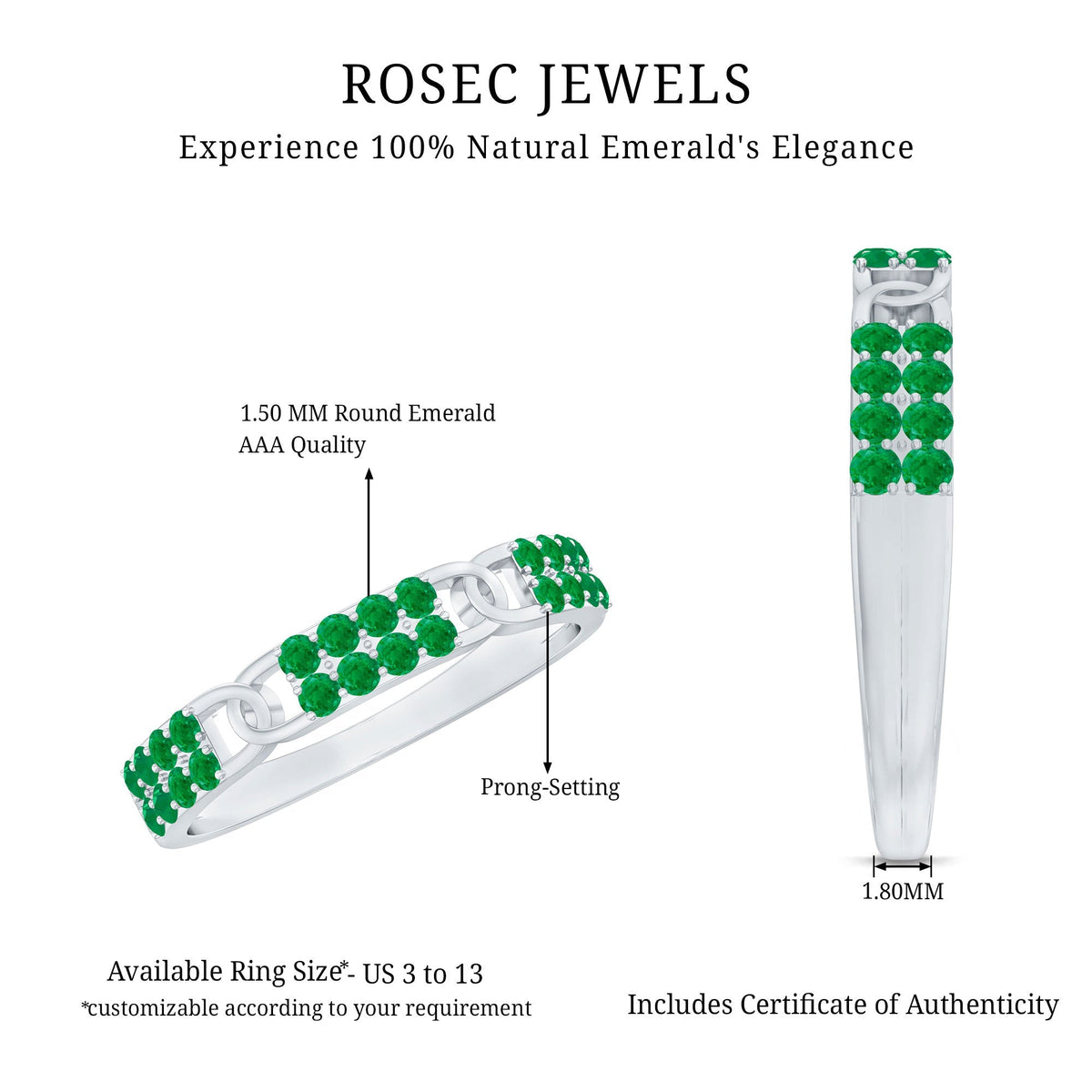 Emerald Wedding Band - Interlocking Half Eternity Ring with AAA Quality Emeralds