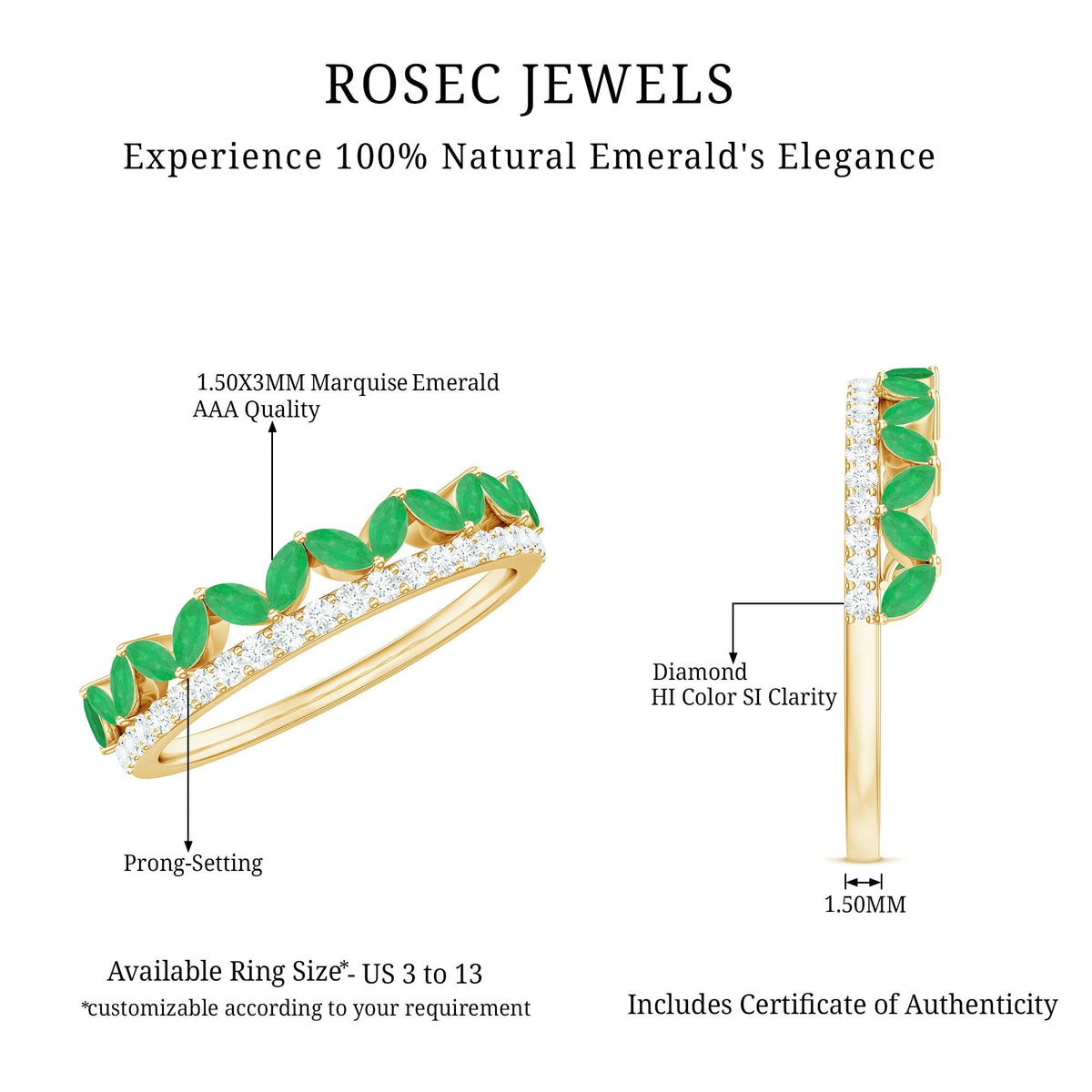 Emerald Wedding Band – Marquise Emerald Ring Half Eternity Diamond Band in Rose Gold