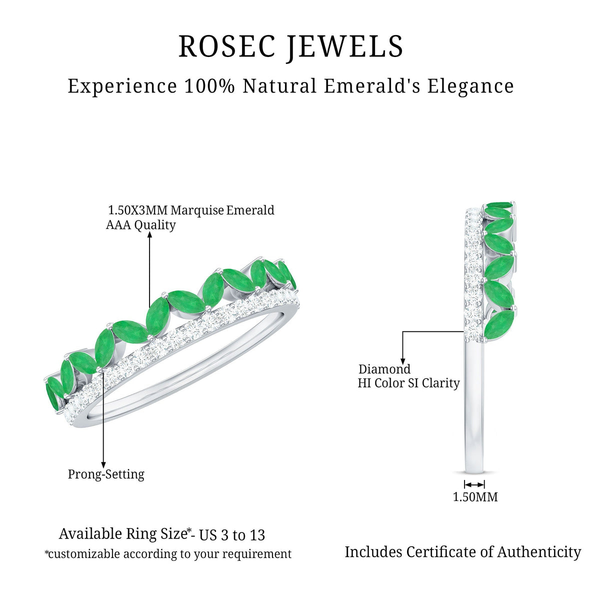 Emerald Wedding Band – Marquise Emerald Ring Half Eternity Diamond Band in Rose Gold