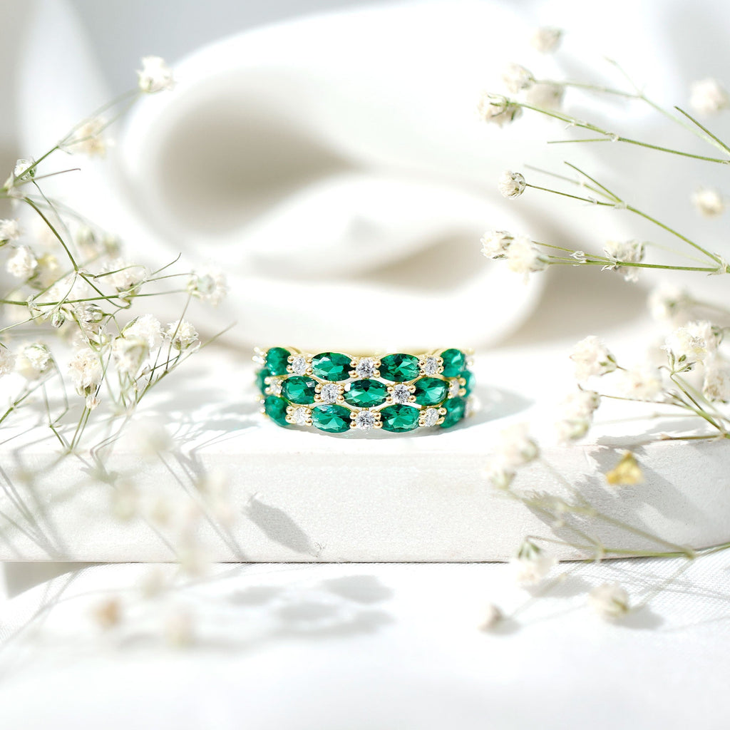 Emerald Wedding Band – Oval Cut Lab Grown Emerald & Diamond Eternity Ring