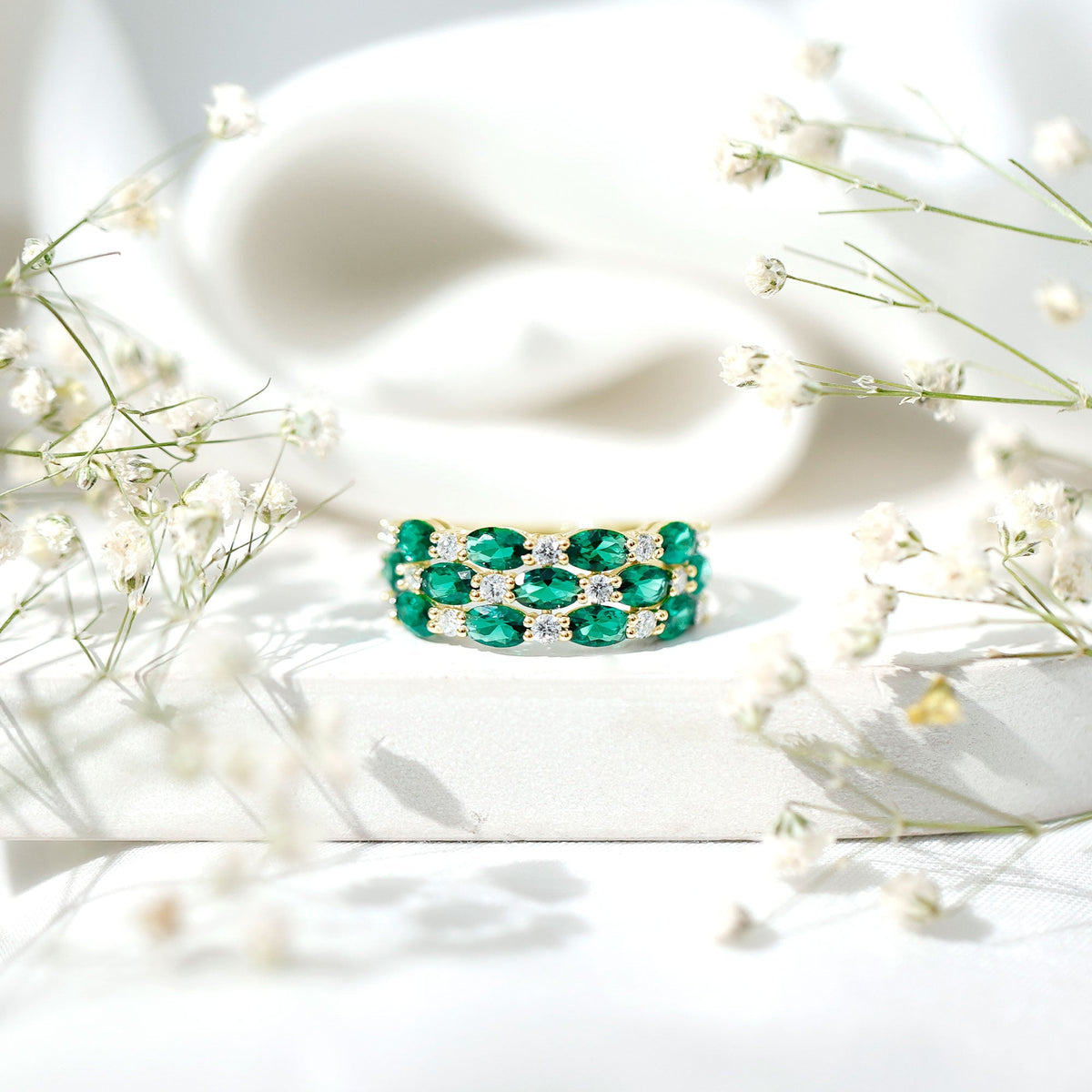 Emerald Wedding Band – Oval Cut Lab Grown Emerald & Diamond Eternity Ring