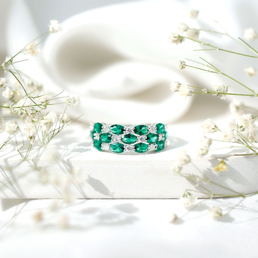 Emerald Wedding Band – Oval Cut Lab Grown Emerald & Diamond Eternity Ring