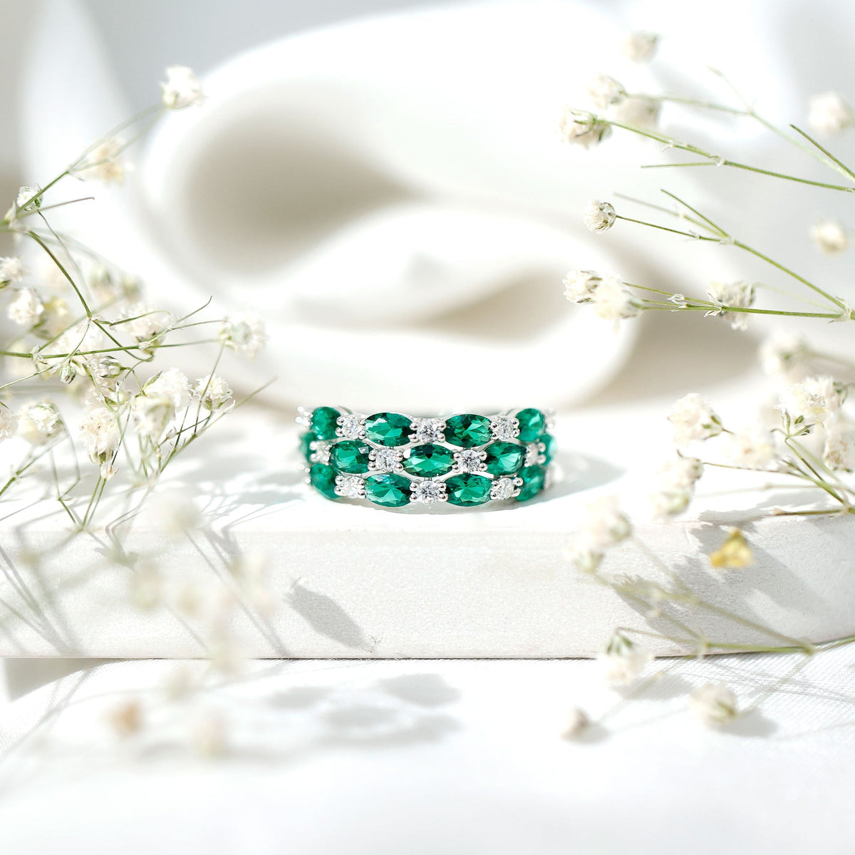 Emerald Wedding Band – Oval Cut Lab Grown Emerald & Diamond Eternity Ring