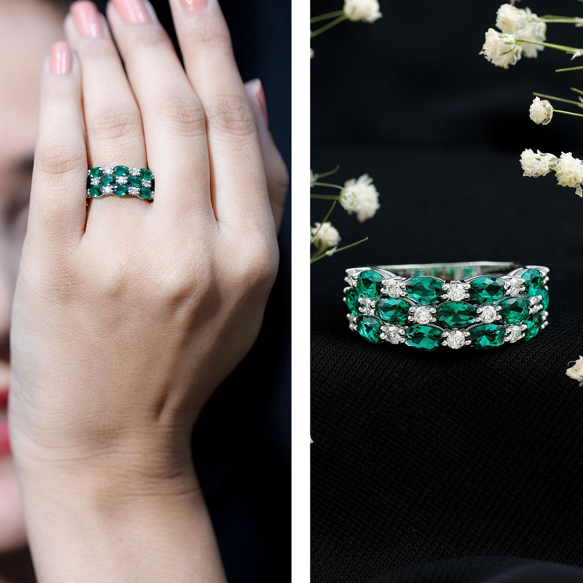 Emerald Wedding Band – Oval Cut Lab Grown Emerald & Diamond Eternity Ring