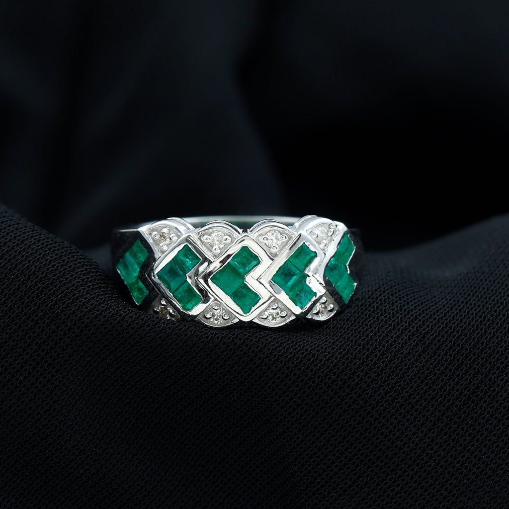 Emerald Wedding Band | Princess Cut Emeralds & Diamond Statement Ring in Wide Band Style