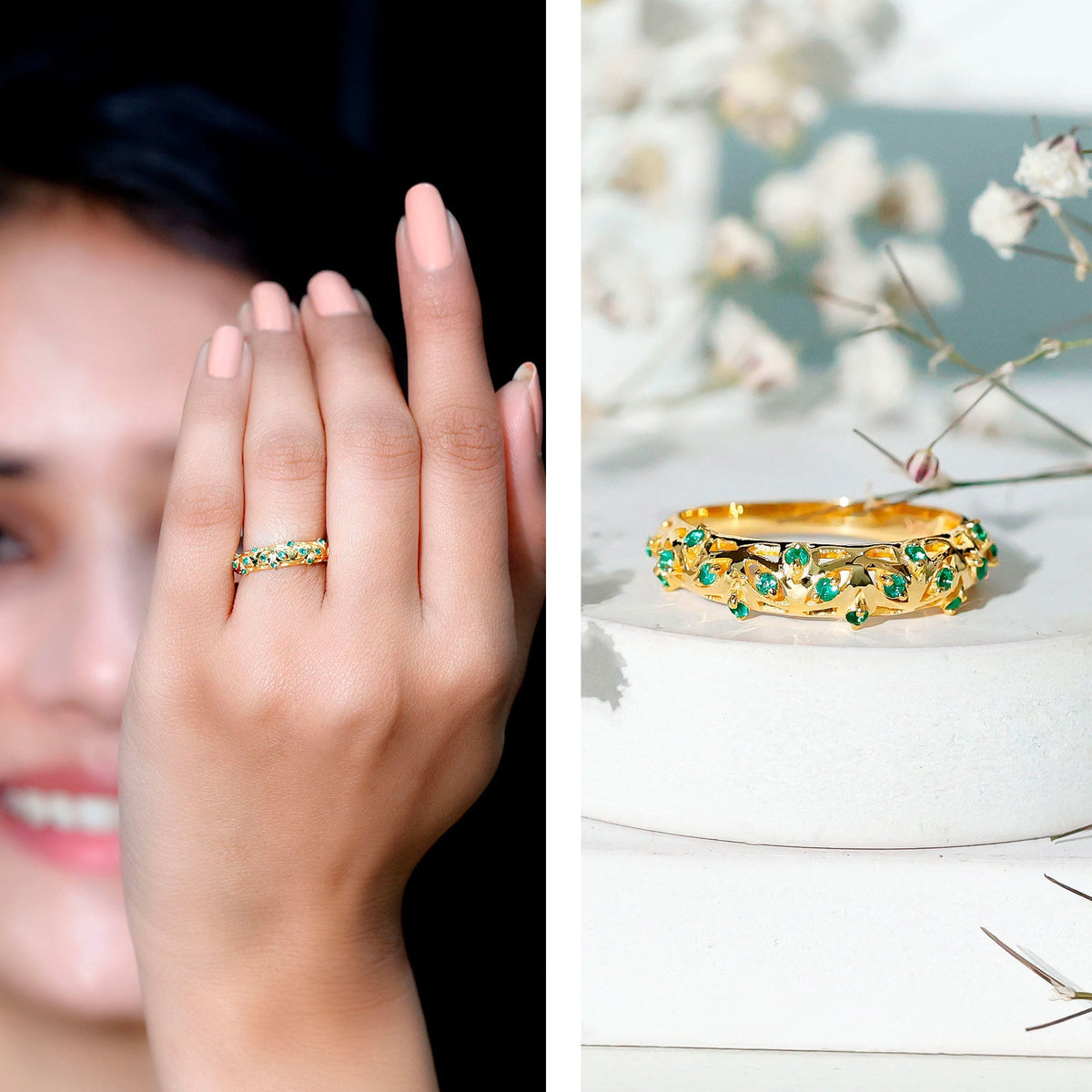 Emerald Wedding Band – Vintage Filigree Half Eternity Ring With Round Cut Emeralds
