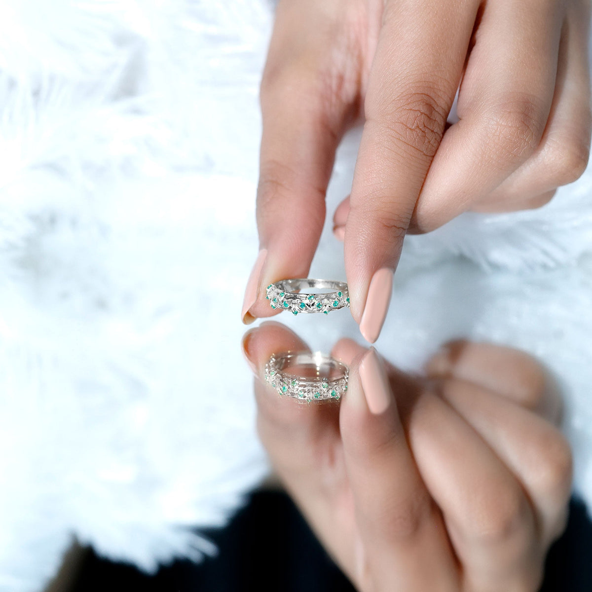 Emerald Wedding Band – Vintage Filigree Half Eternity Ring With Round Cut Emeralds