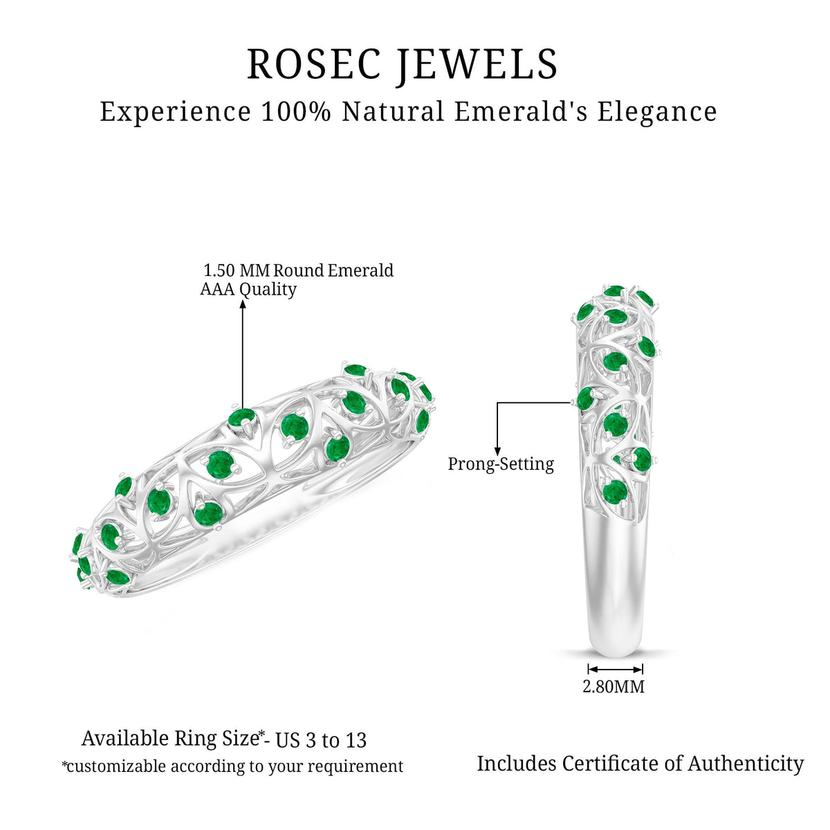 Emerald Wedding Band – Vintage Filigree Half Eternity Ring With Round Cut Emeralds