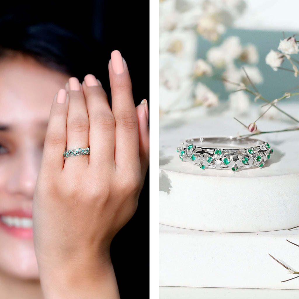 Emerald Wedding Band – Vintage Filigree Half Eternity Ring With Round Cut Emeralds