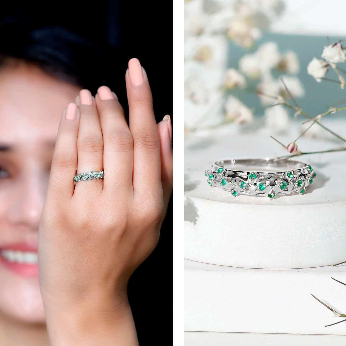 Emerald Wedding Band – Vintage Filigree Half Eternity Ring With Round Cut Emeralds
