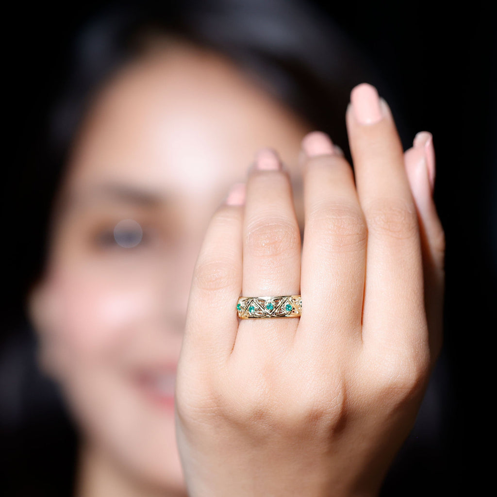 Emerald Wedding Band – Wide Vintage Inspired AAA Quality Real Emerald Ring