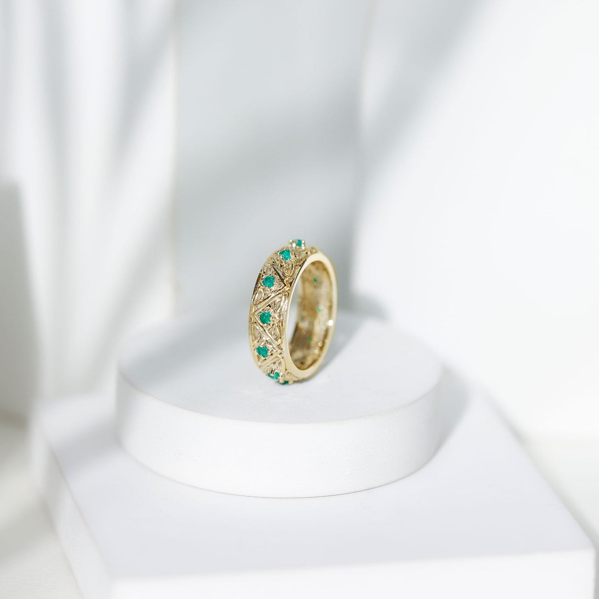 Emerald Wedding Band – Wide Vintage Inspired AAA Quality Real Emerald Ring