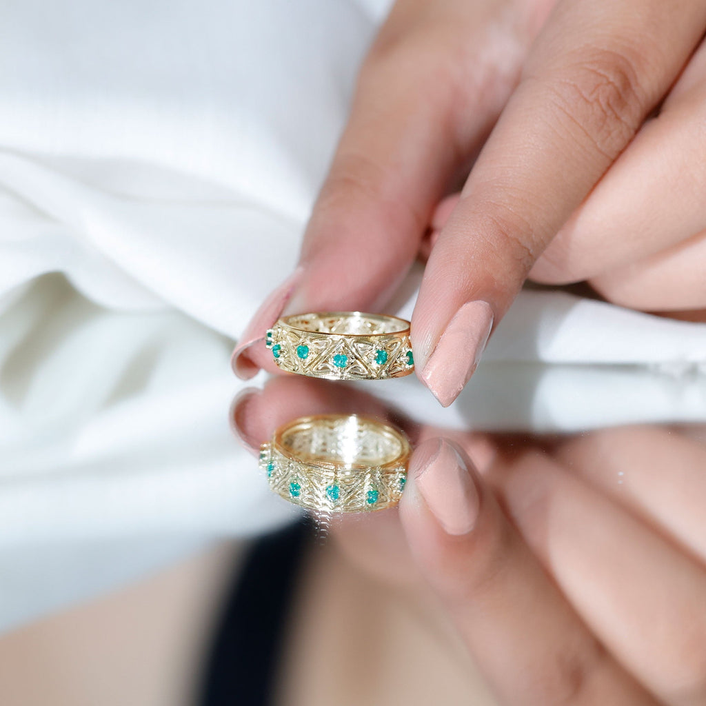 Emerald Wedding Band – Wide Vintage Inspired AAA Quality Real Emerald Ring